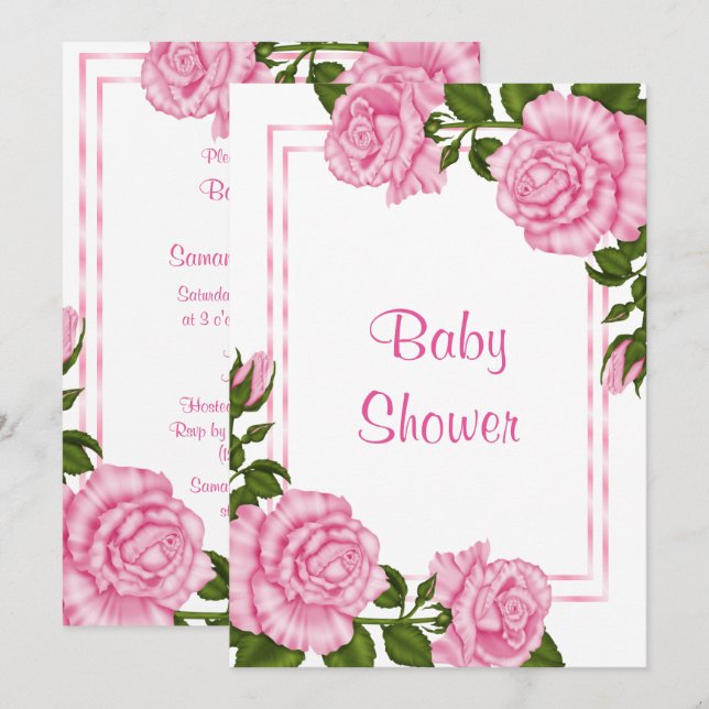 Convites Lindos Buquês de Canto Rosa Chuveirinho de Bebê (Frente/Verso)