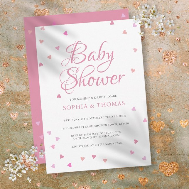 Convites Lindos Corações de Amor Rosa Casal Chã de Bebê (Pretty Pink Love Hearts Couples Baby Shower Invitation)