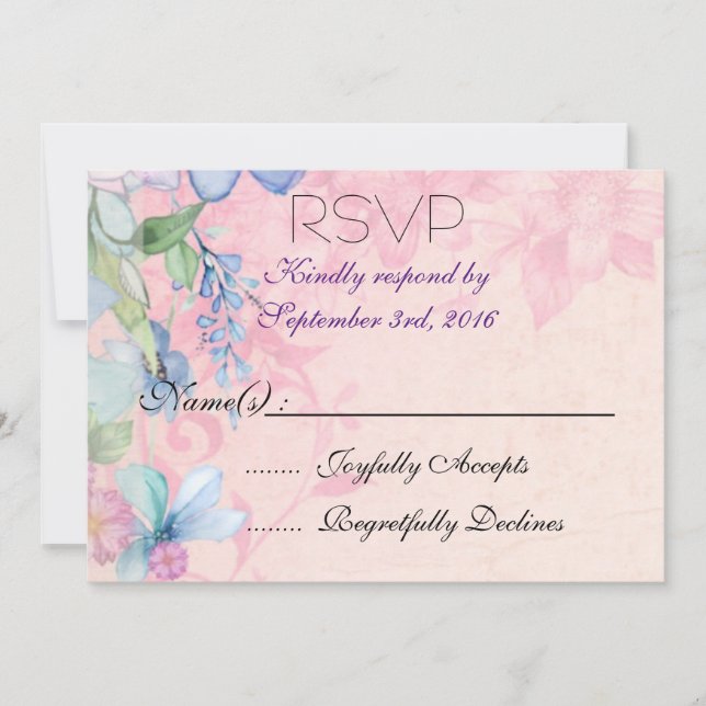 Convites Lindos Florais Rosa e Azul para RSVP (Frente)
