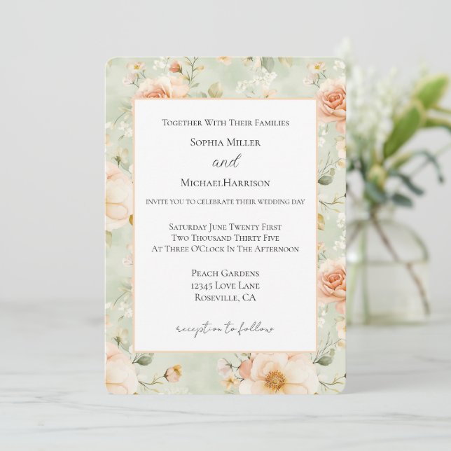 Convites Lindos Flores de Pêssego Menta Casamento   (Em pé/Frente)