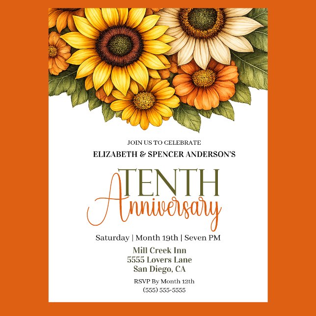 Convites Lindos Girassóis 10º Aniversário  (Pretty Sunflowers 10th Wedding Anniversary Party Invitation.)