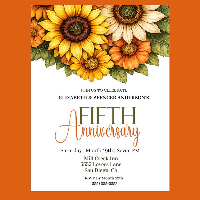 Convites Lindos Girassóis 5º Aniversário  (Pretty Sunflowers 5th Wedding Anniversary Party Invitation.)