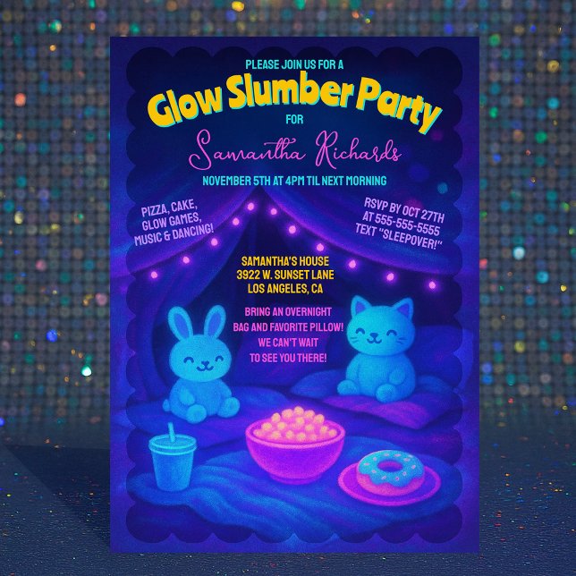 Convites Lindos Pelúcias Brilho Neon Sono Festa de Aniversá (Cute Plush Glow Neon Slumber Birthday Party Invitation)