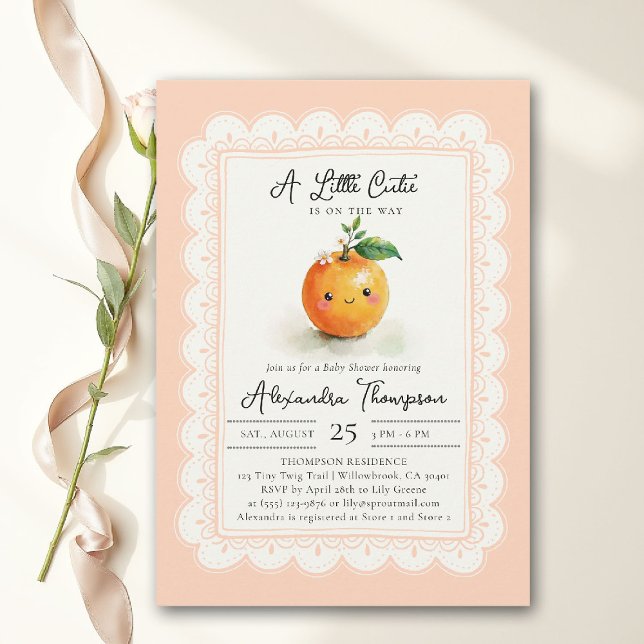 Convites Lindos Pequenos Scallops Laranja Floral Chá de Beb (little cutie orange theme baby shower invitation citrus watercolor illustration blush pink scalloped)