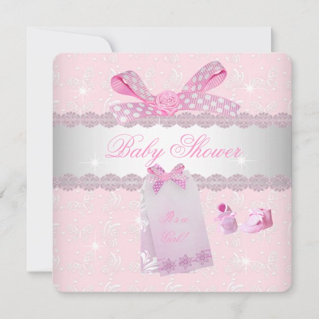 Convites Lindos Pés de Bebê Rosa para Chás de Bebê Menina (Frente)
