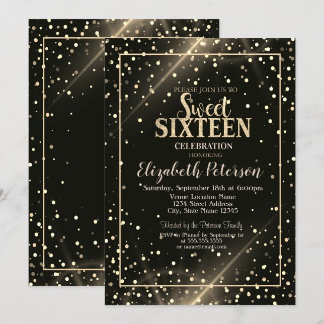 Convites Lindos Pontos Gold, Preto Sweet 16 (Frente/Verso)