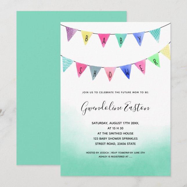 Convites Lindos sinalizadores de bunting em aquarela para c (Frente/Verso)