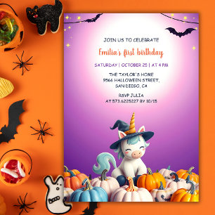 Convites Lindos Unicórnios de Halloween Abóboras Menina 1º 