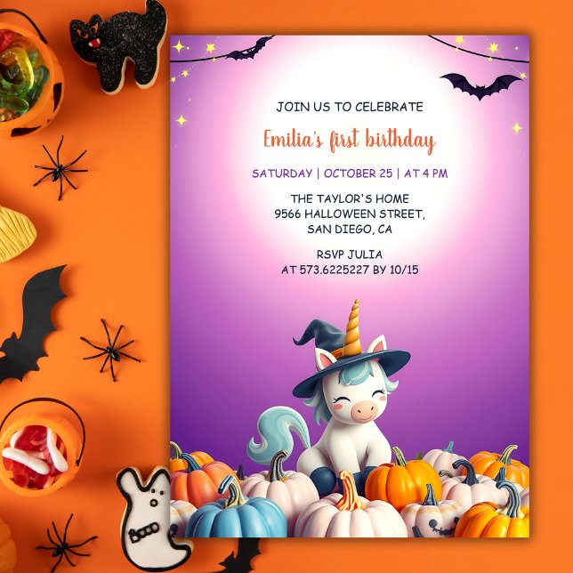 Convites Lindos Unicórnios de Halloween Abóboras Menina 1º  (Halloween Unicorn First Birthday Invitation for Girls)