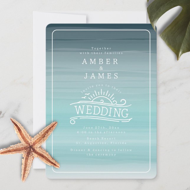 Convites Line Art Beach Wedding Teal Ombre (Criador carregado)