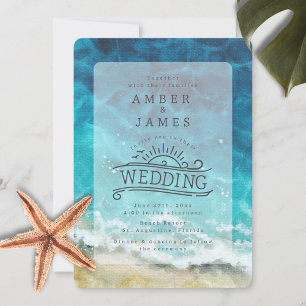 Convites Line Art Beach Wedding Watercolor Shore