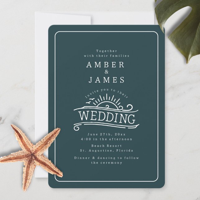 Convites Line Art Beach Weding Dark Slate Green (Criador carregado)