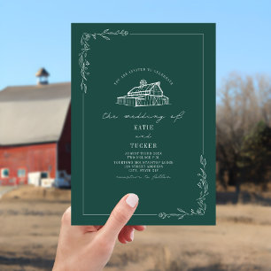 Convites Line Art Rustic Barn Emerald Weding