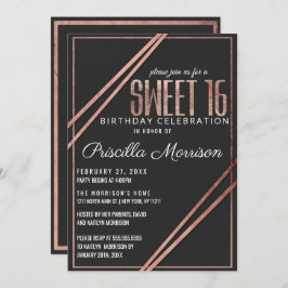 Convites Linear Chic Dourado, Rosa preto, simples, doce 16
