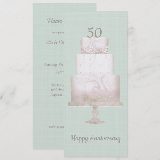 Convites Linen Verde de Bolo Personalizado do 50º Aniversár (Frente/Verso)