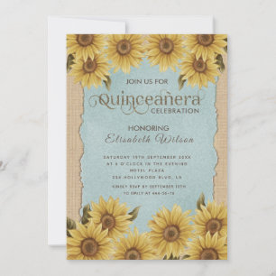 Convites Linen vintage girassol azul Quinceañera