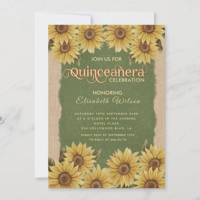 Convites Linen vintage girassol verde Quinceañera Invitati (Frente)