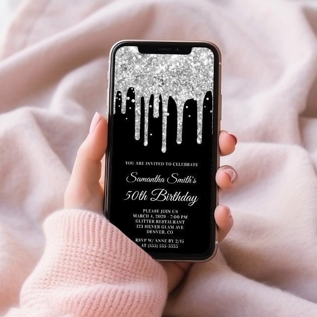 Convites Lingança de prata com brilho preto 50º aniversário (Silver Dripping Glitter Black 50th Birthday Invitation)