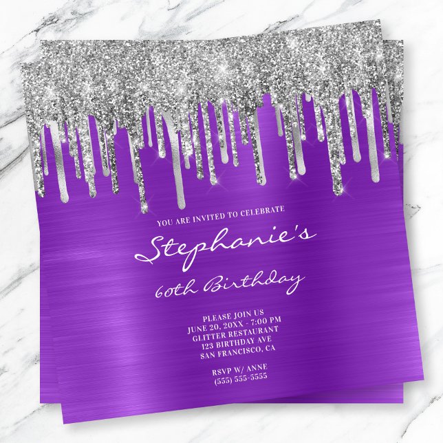 Convites Lingando Folha Roxa de Lata Roxa 60.º Aniversário (Dripping Silver Glitter Purple Foil Birthday Invite)