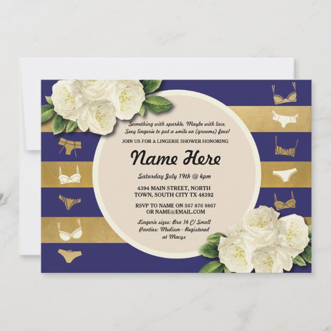 Convites Lingerie Chá Convidar Marinho Stripe Parte Interes (Frente)