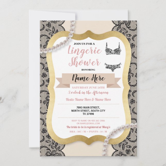 Convites Lingerie de Luxo Dourado com Renda e Pérola (Frente)