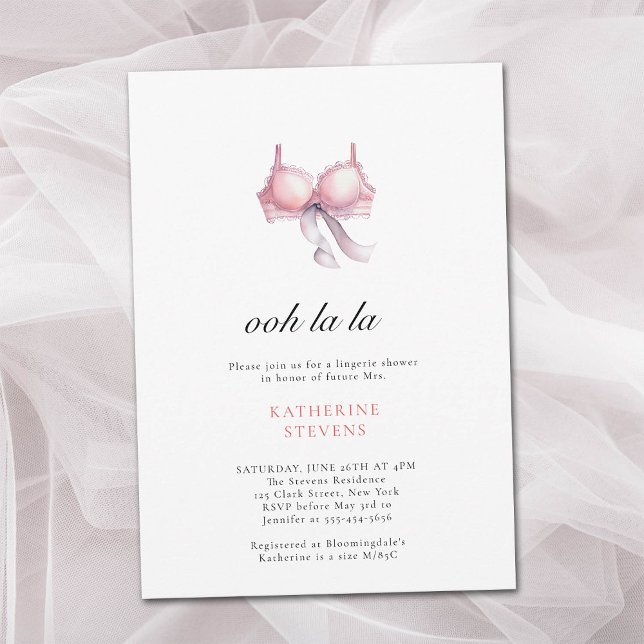 Convites Lingerie Festa Ooh La Ribbon Chá de panela (lingerie party invitation bridal pink bra black ribbon watercolor pretty illustration minimalist )