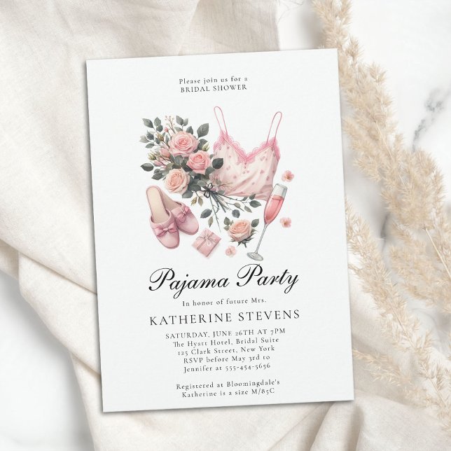 Convites Lingerie PJ do Partido Pajama Rosa Chá de panela (pajama party bridal shower pj slumber sleepover champagne roses watercolor pink elegant classy chic)