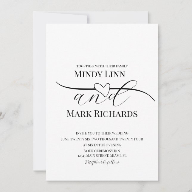 Convites Linha de Coração Romântica Script Preto Verde Casa (Frente)