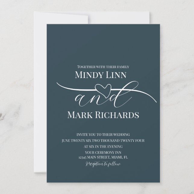 Convites Linha de Coração Romântico Script Navy Branco Casa (Frente)