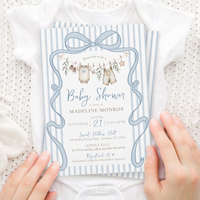 Convites Linha de Roupa com Arco de Aquarela Azul Churrasco (Whimsical blue bow frame baby boy cute watercolor clothesline greenery stripes shower invitation)