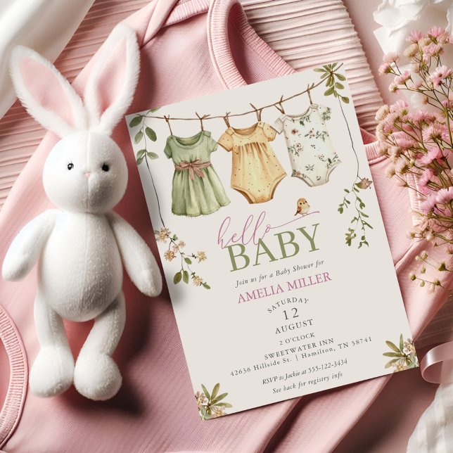 Convites Linha de Roupas de Bebê Floral Olá Bebê Chuveiro d (Floral Baby Clothesline Hello Baby Baby Shower Invitation)