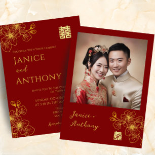 Convites Linha floral casal foto de casamento chinês vermel