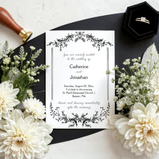 Convites Linha Floral Desenhada Vintage Preto e Branco Casa
