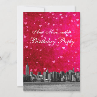 Convites Linha NYC Céu Rosa Quente Coração Vermelho Anivers