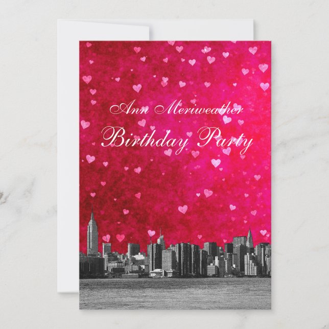 Convites Linha NYC Céu Rosa Quente Coração Vermelho Anivers (Frente)