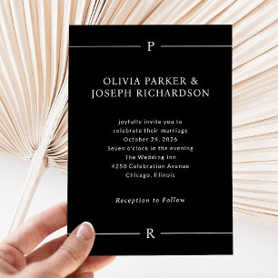 Convites Linhas Modernas e Monograma   Casamento Negro Escu