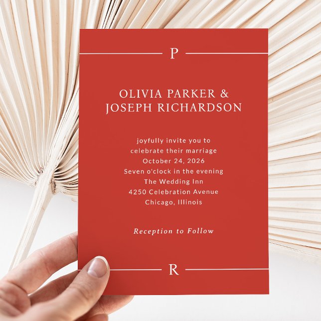 Convites Linhas Modernas e Monograma | Casamento Vermelho P (Criador carregado)