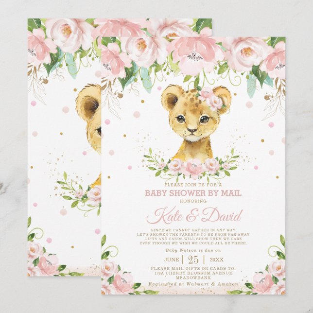 Convites Lion Blush Floral Virtual Chá de fraldas por Email (Frente/Verso)