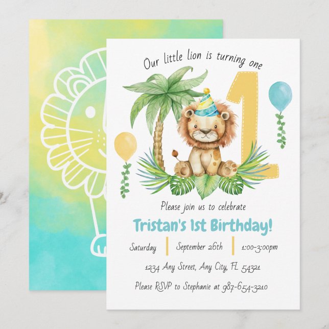 Convites Lion Safari 1st Birthday Invitation (Frente/Verso)