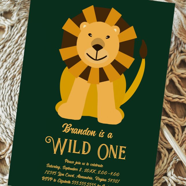 Convites Lion Wild One First Birthday Dourado e Verde (Criador carregado)