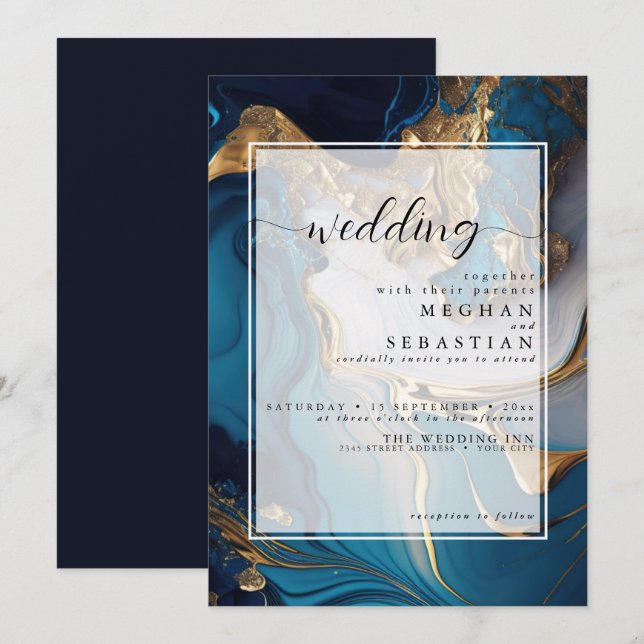 Convites Líquido de abstrato Dourado no Marble Azul (Frente/Verso)