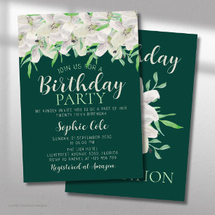 Convites Lírio Branco Aniversário Floral Verde Esmeralda El