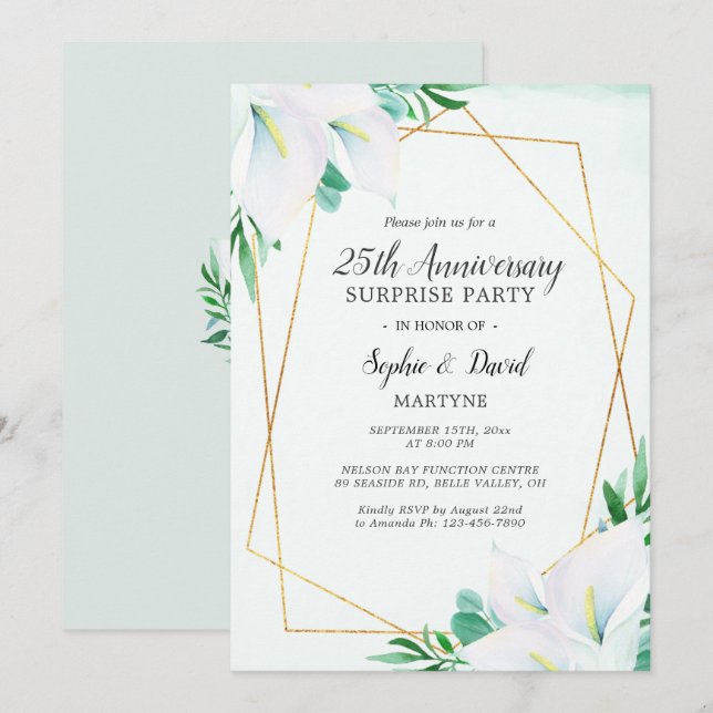 Convites Lírio Calla Branco Geométrico de 25º Aniversário (Frente/Verso)