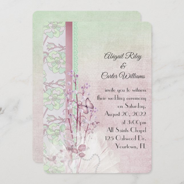 Convites lírio do vale e borboleta com pérolas (Frente/Verso)