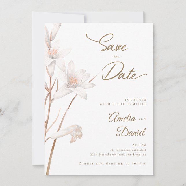 Convites Lírios brancos elegantes casamento Save the Date (Frente)