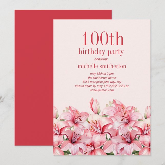 Convites Lírios Rosa Elegantes 100º Aniversário (Frente/Verso)