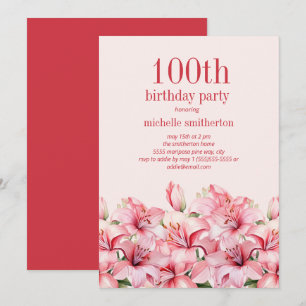 Convites Lírios Rosa Elegantes 100º Aniversário