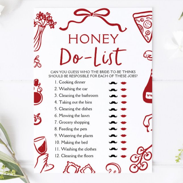 Convites Lista de Afazeres do Amor Italiano Vermelho Festa  (Red Italian Amore Honey Do List Bridal Shower Game )