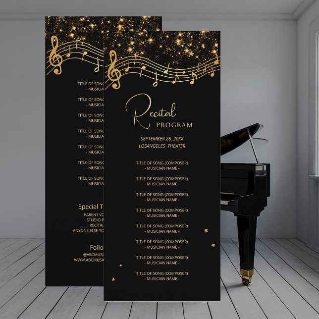 Convites Lista de Programa de Recital de Música Estrela Dou (Elegant Black Gold Star Music Recital Program List)