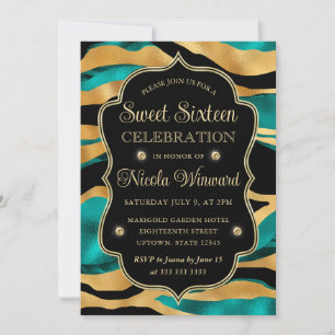 Convites Listra de Tigre Dourado Turquesa Glam Sweet 16